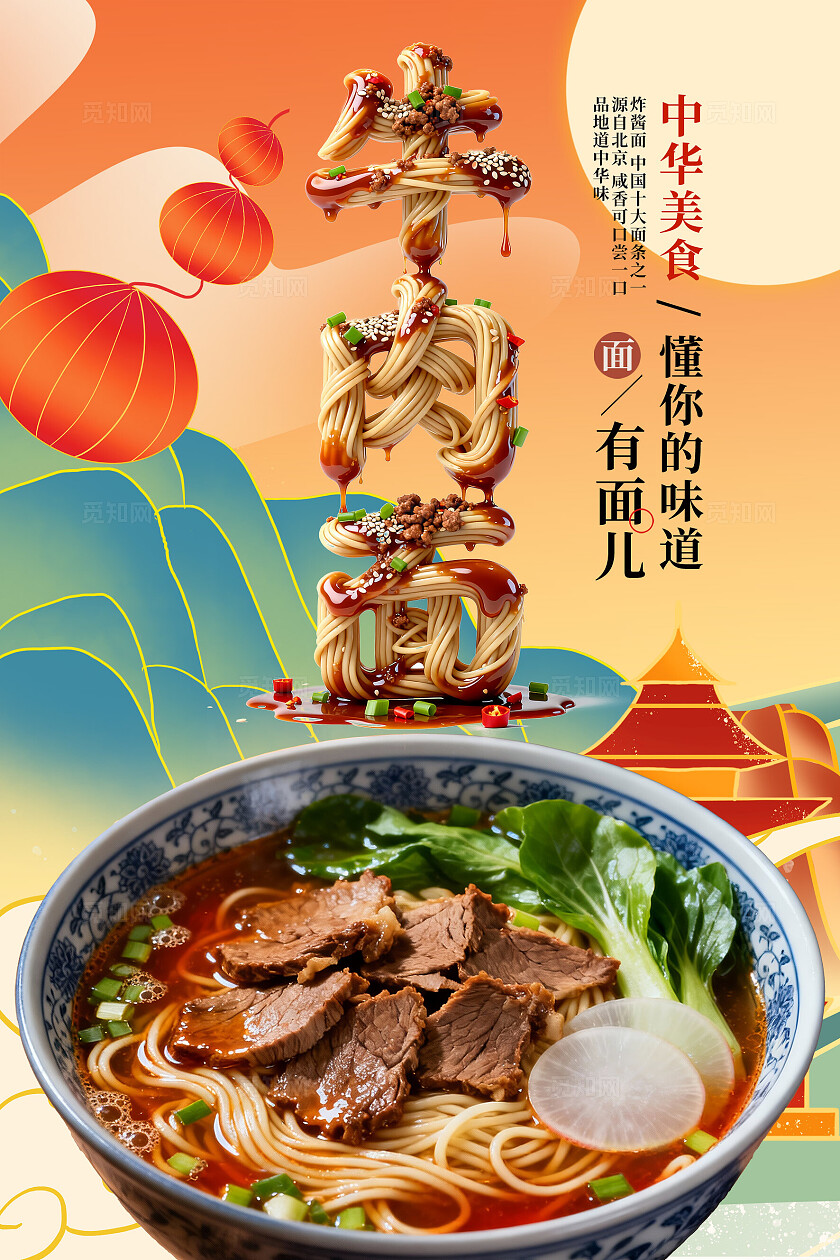 牛肉面中式美食海报传统面食国潮插画