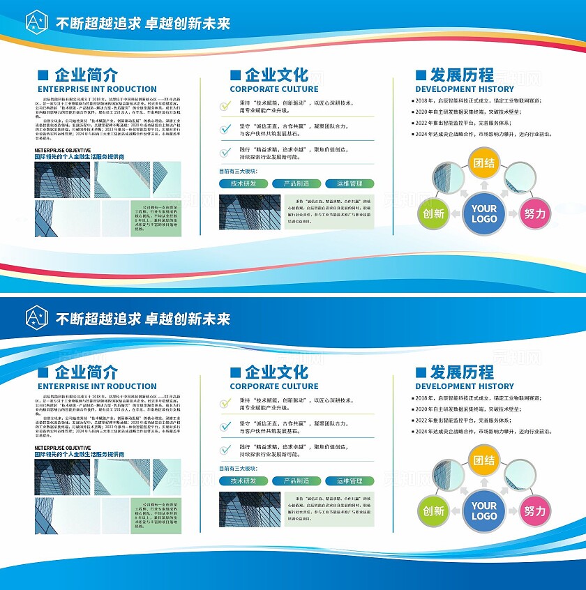 蓝色商务简约企业简介企业文化介绍展板设计企业背景墙