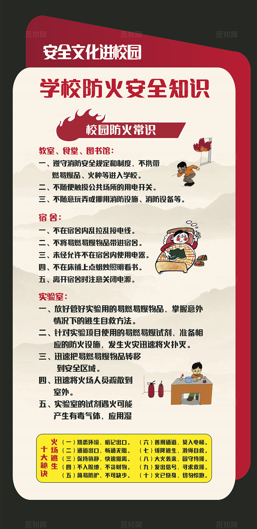 红色学校消防安全知识海报非转曲宣传