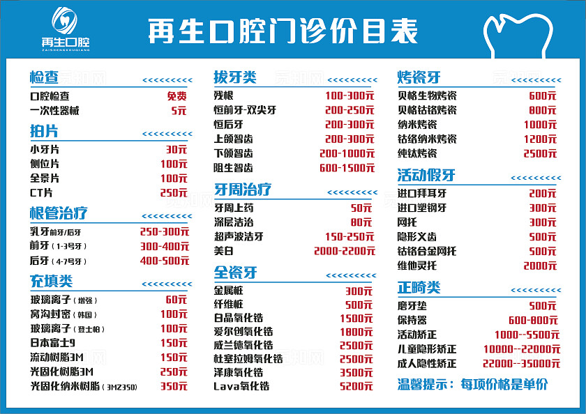 蓝色再生口腔门诊价目表展板非转曲宣传