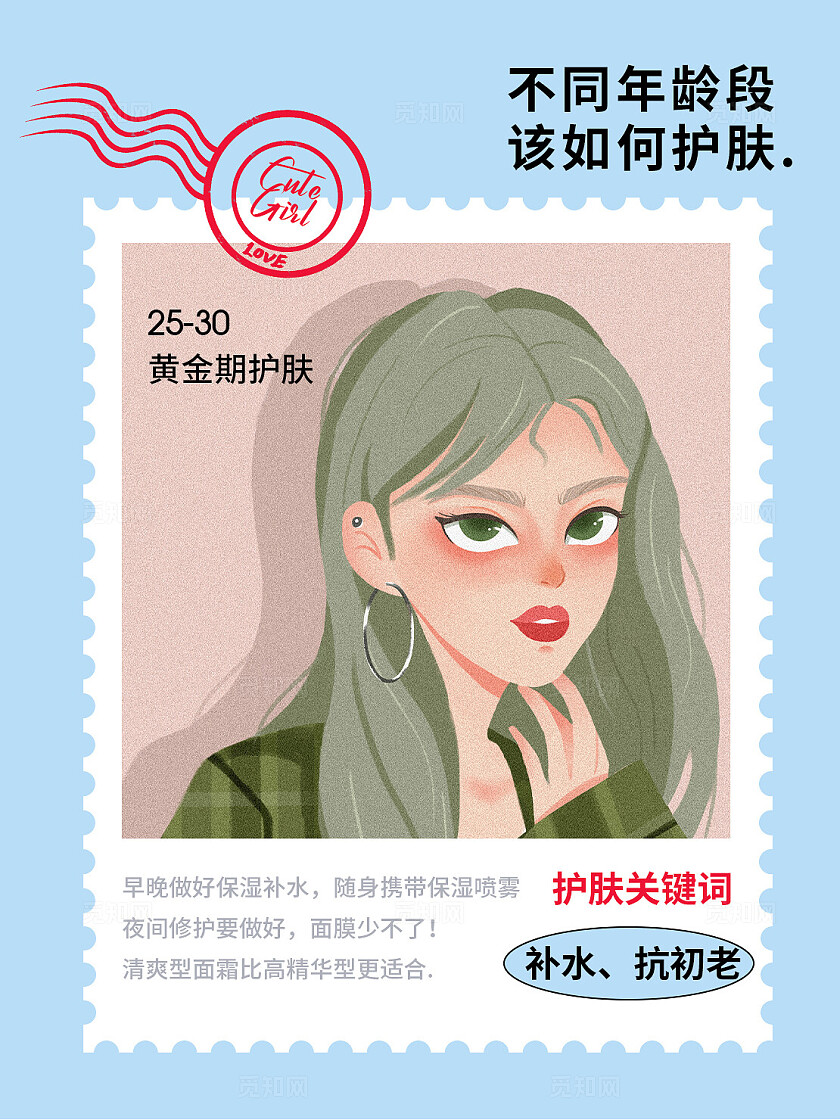 邮票邮戳简约扁平风美妆护肤小红书封面海报配图插图