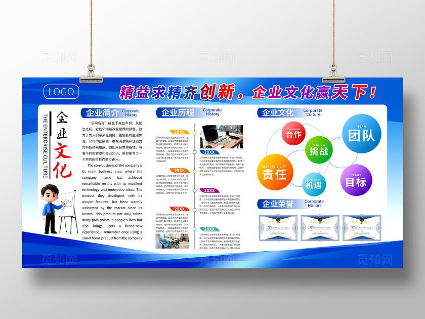 蓝色简约企业简介企业文化宣传展板设计企业背景