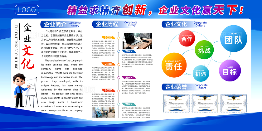 蓝色简约企业简介企业文化宣传展板设计企业背景