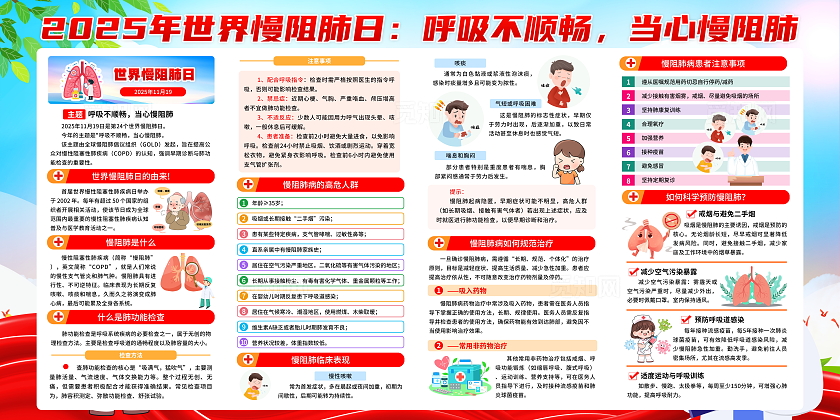 红色大气飘带2025年世界慢阻肺日宣传栏展板设计模板