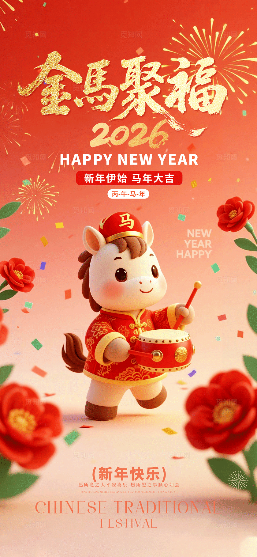 马年红色跨年新年手机海报