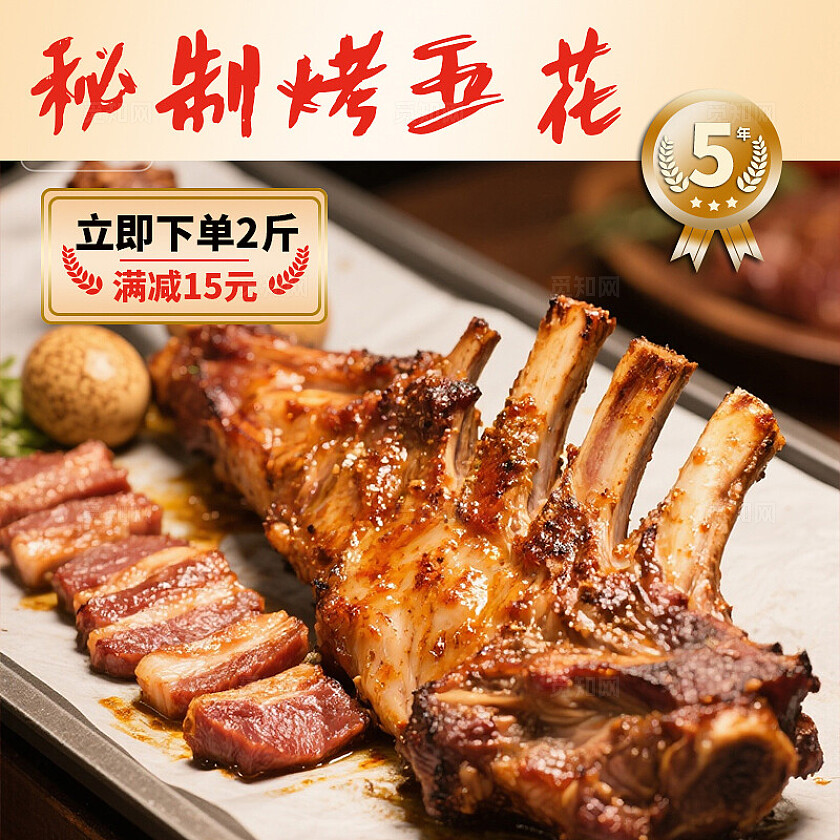 红色秘制烤全羊电商三件套美食首页背景banner主图三件套美食活动