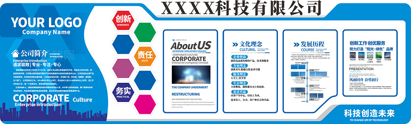 蓝色大气企业发展历程员工风采文化墙企业文化墙