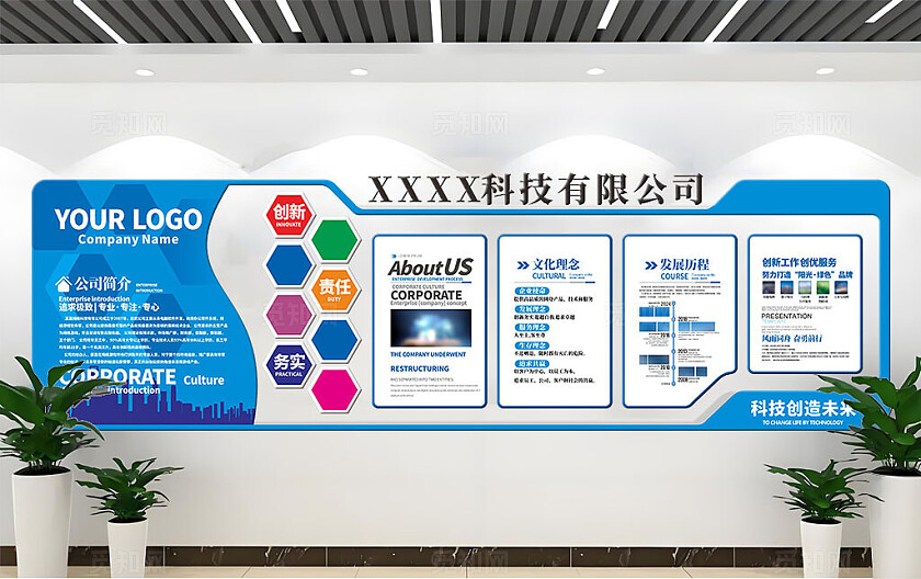 蓝色大气企业发展历程员工风采文化墙企业文化墙