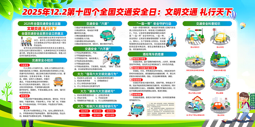 绿色卡通2025全国交通安全日文明交通礼行天下宣传栏