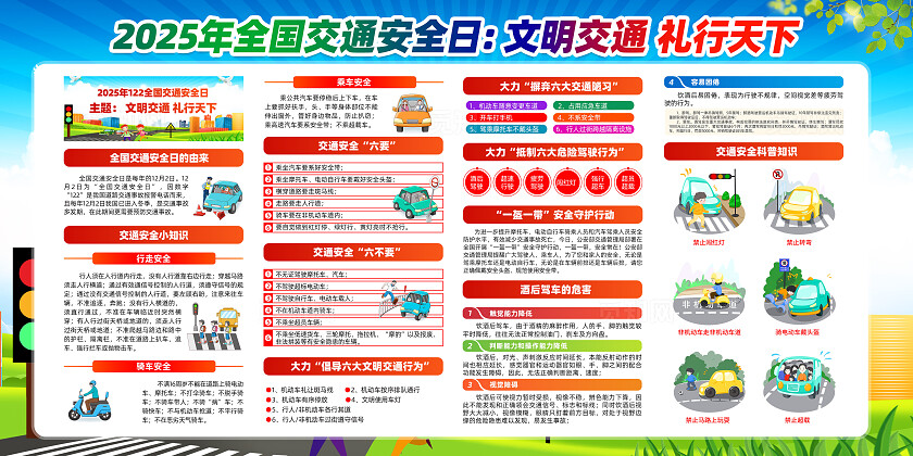 绿色卡通文明交通礼行天下2025全国交通安全日宣传栏