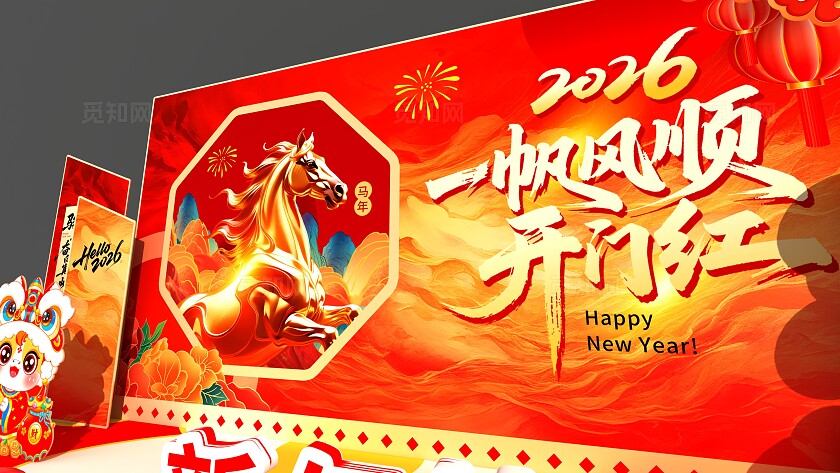 红色大气马年新年美陈一帆风顺2026开门红美陈