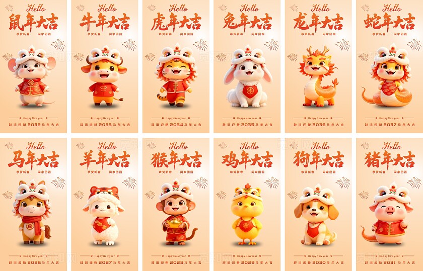 十二生肖中国风除夕国潮红色新年大吉新年展板十二生肖海报