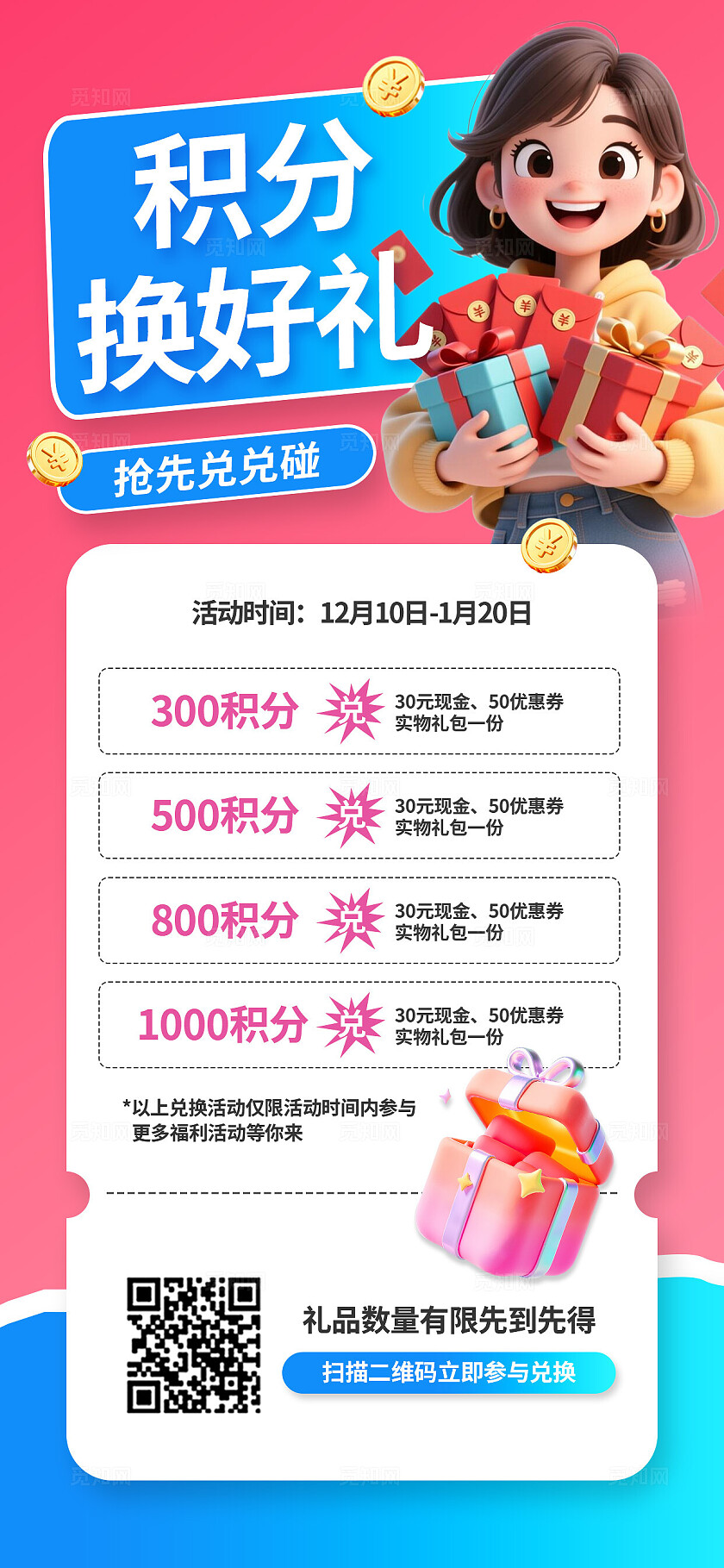 3D潮流卡通购物会员积分兑换三重好礼福利活动营销宣传海报