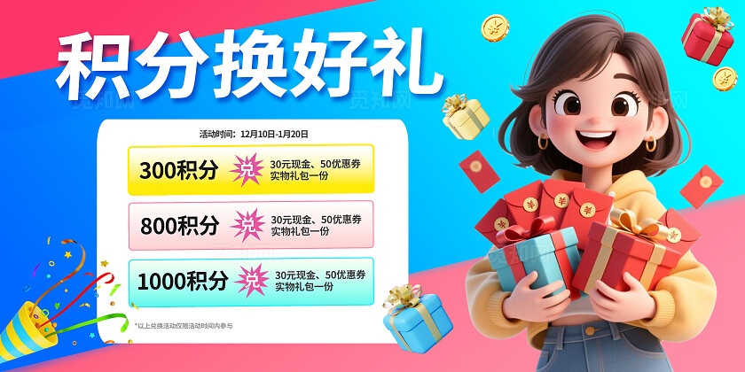 3D潮流卡通购物会员积分兑换三重好礼福利活动营销展板