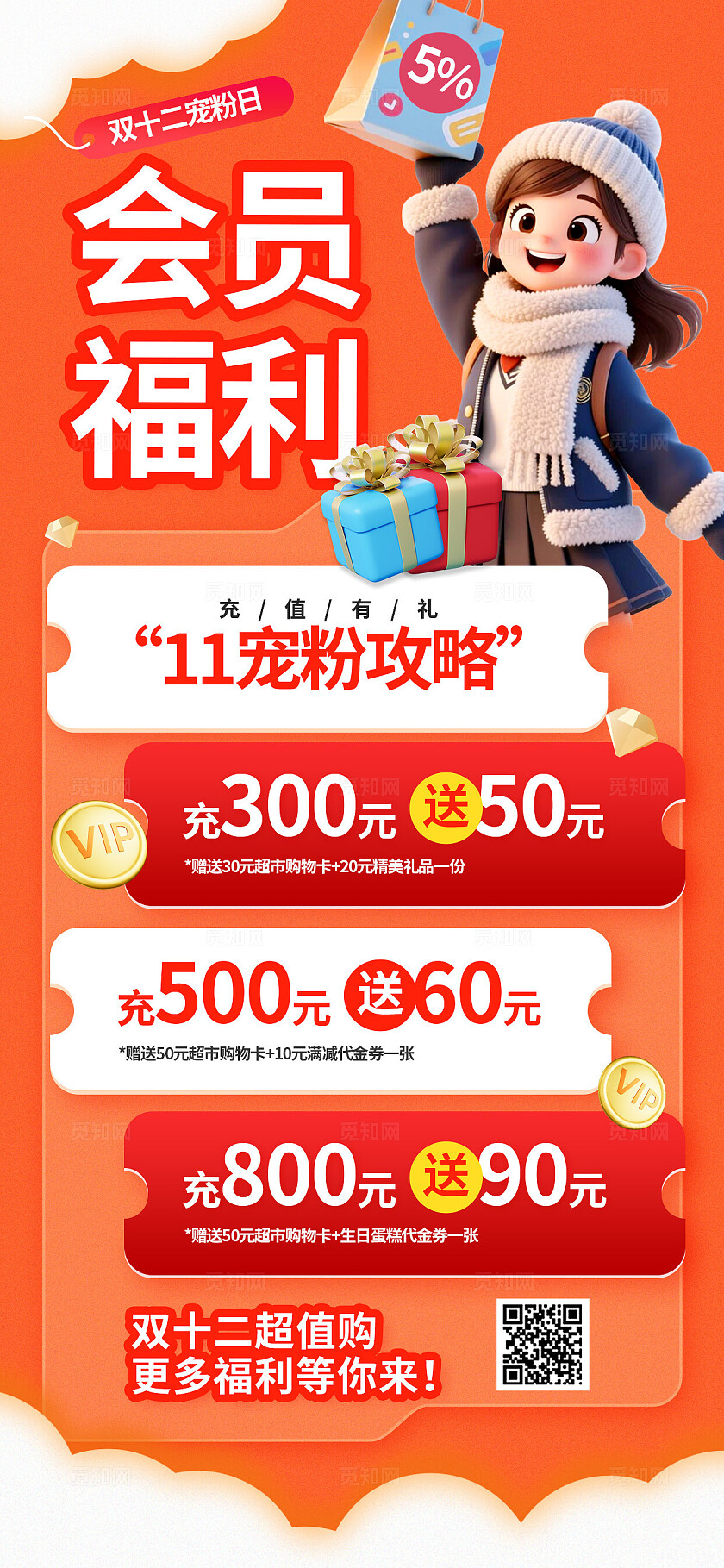 3D潮流双十二大促购物会员福利优惠活动营销宣传手机海报