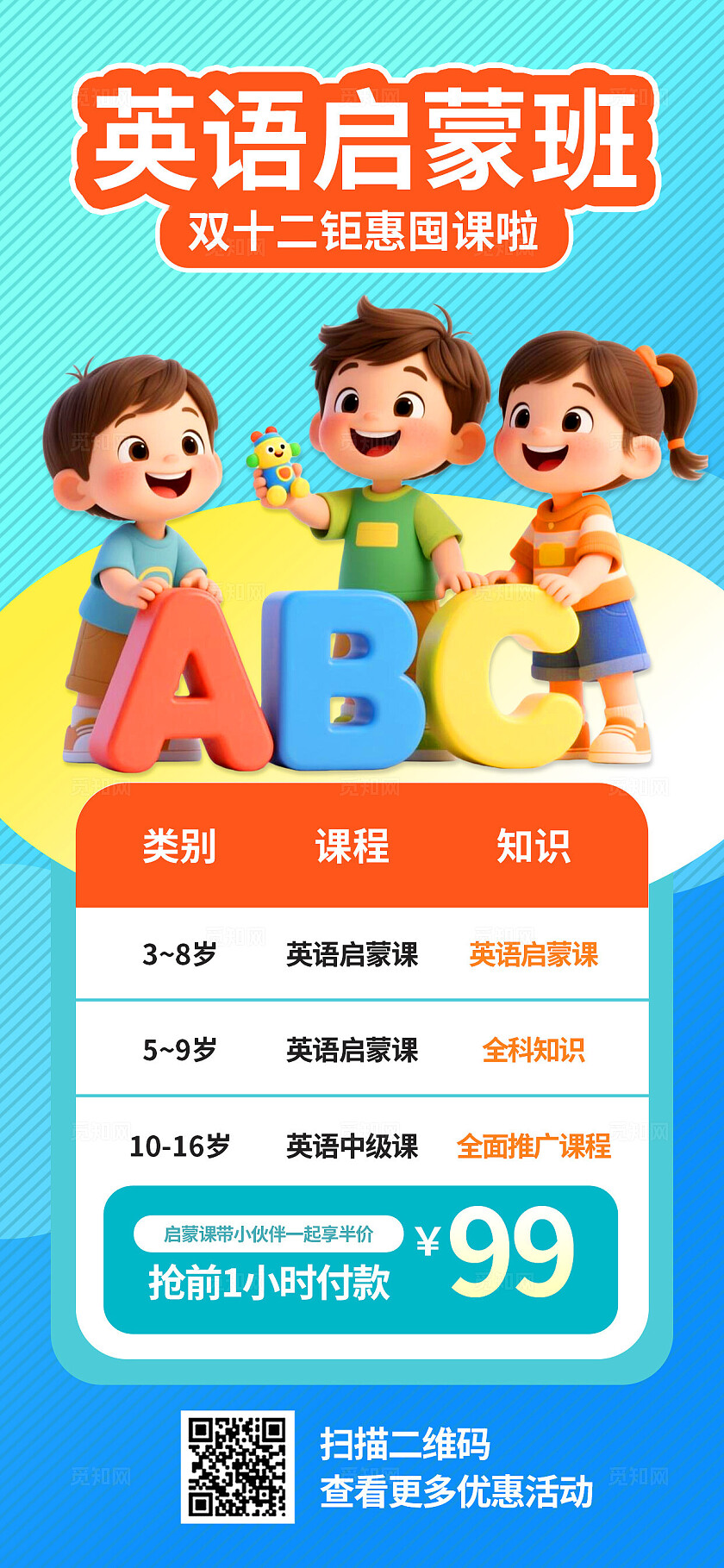 3D潮流卡通橙色教育培训英语启蒙班招生促销海报