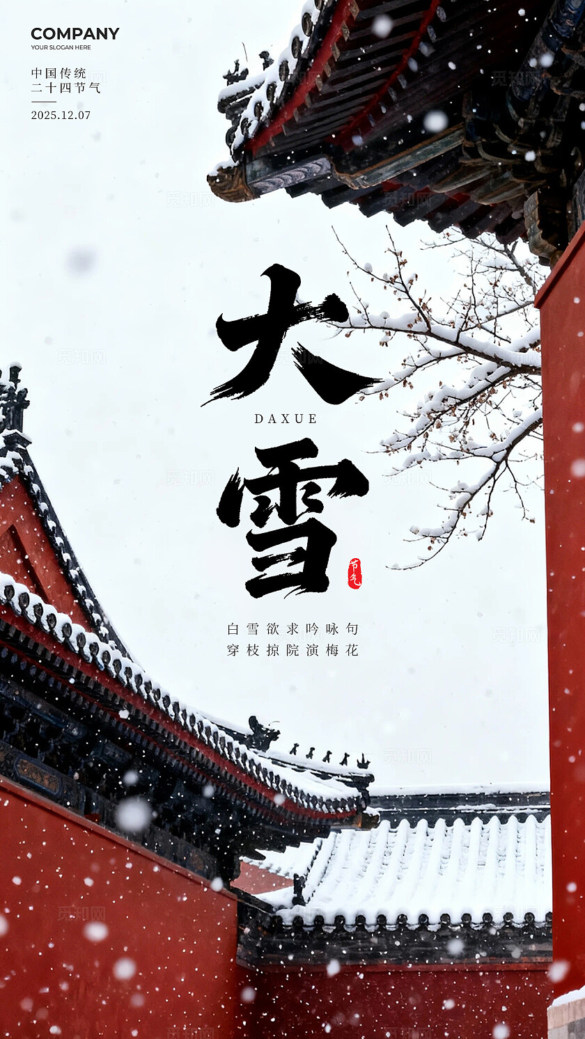 红色中国风红墙梅花大雪节气传统二十四节气手机海报
