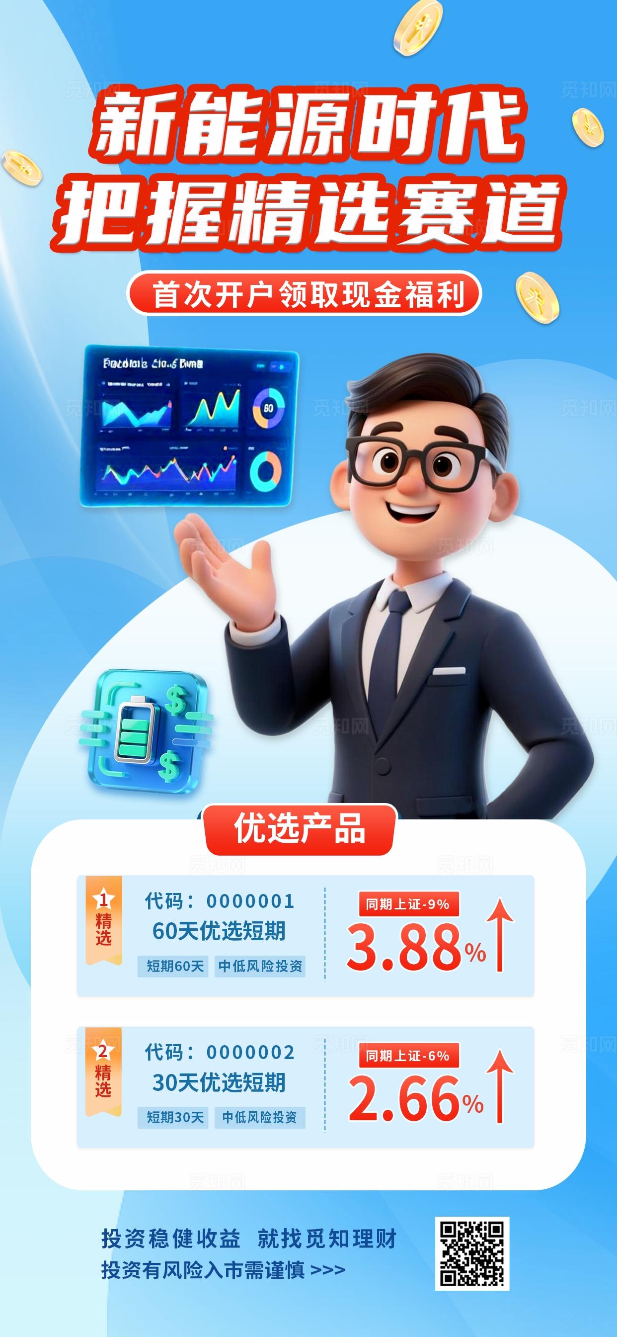 蓝色橙色3D高端新能源金融黄金理财产品促销宣传手机海报