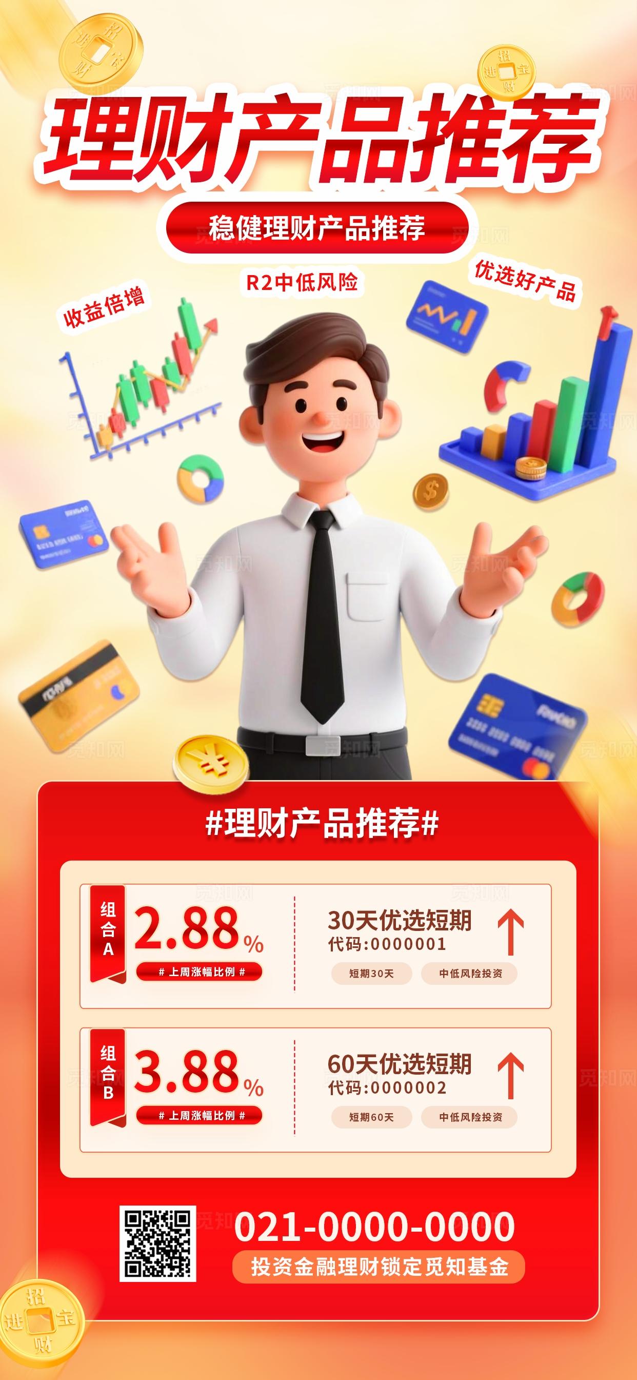 红色3D简约冬季理财推荐金融产品介绍海报