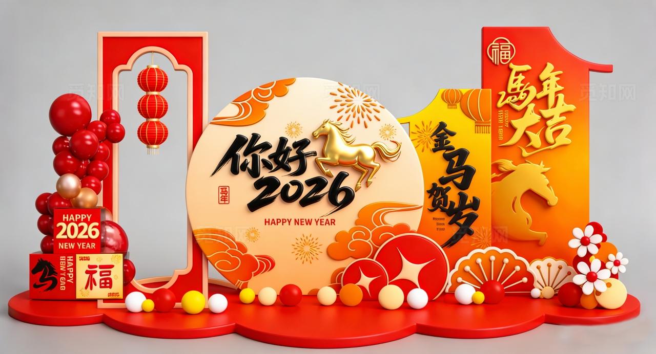 2026卡通手绘新年快乐美陈春节马年美陈元旦美陈