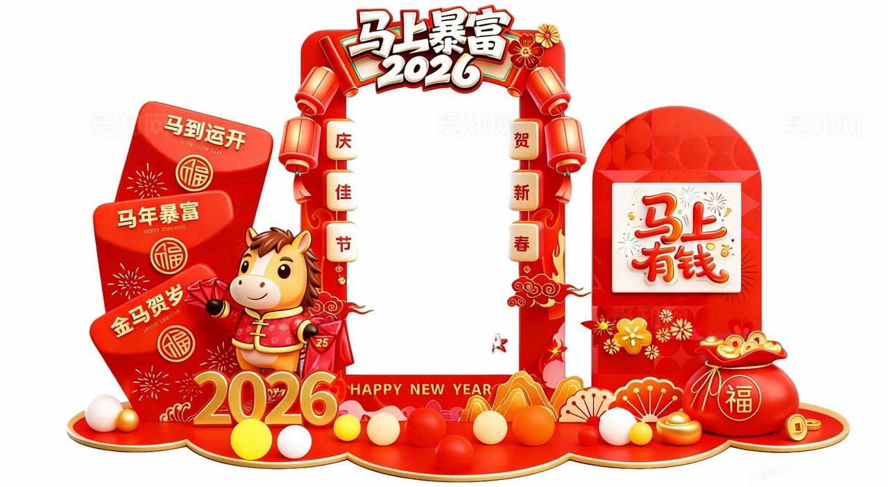 2026卡通手绘新年快乐美陈春节马年美陈元旦美陈