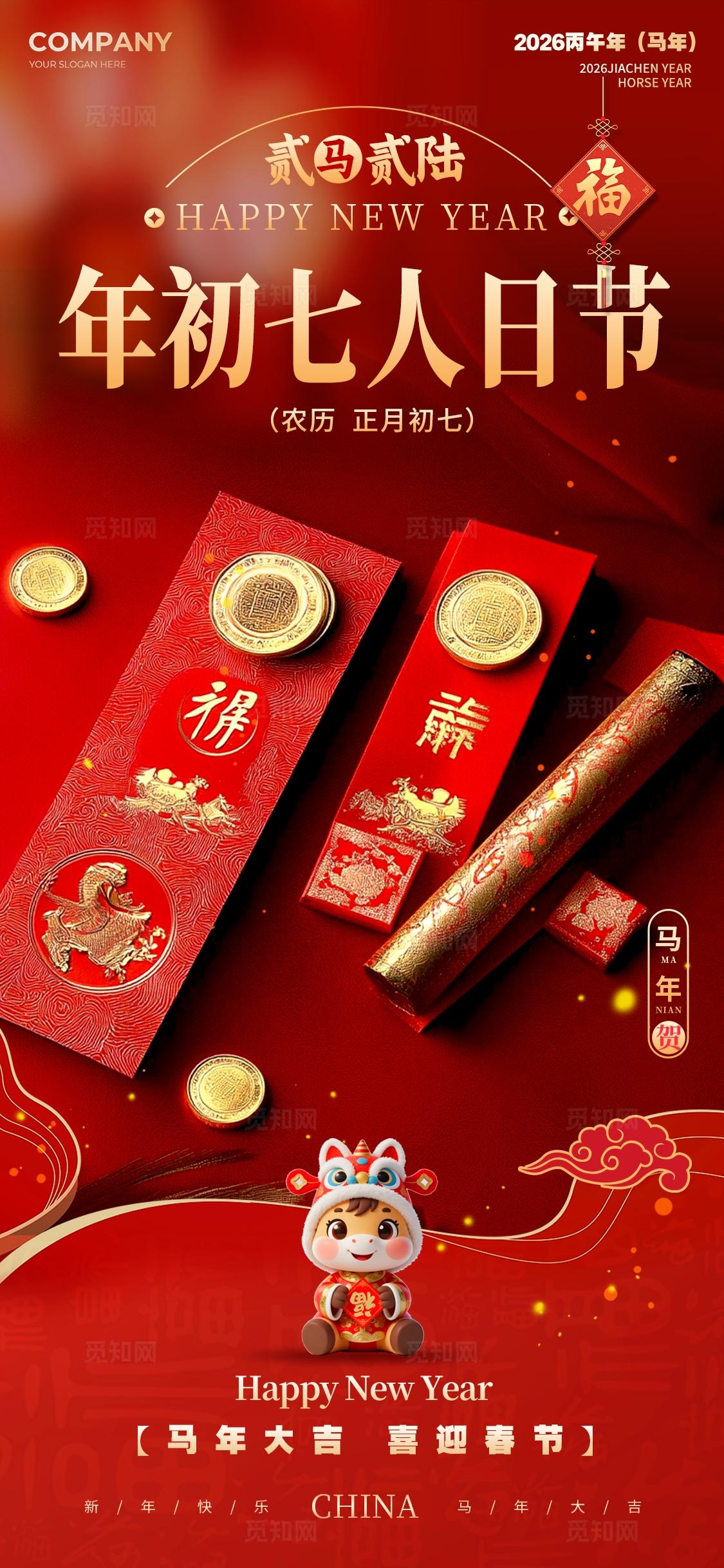 2026年新年春节正月大年初一春节习俗系列套图红色马年大吉海报
