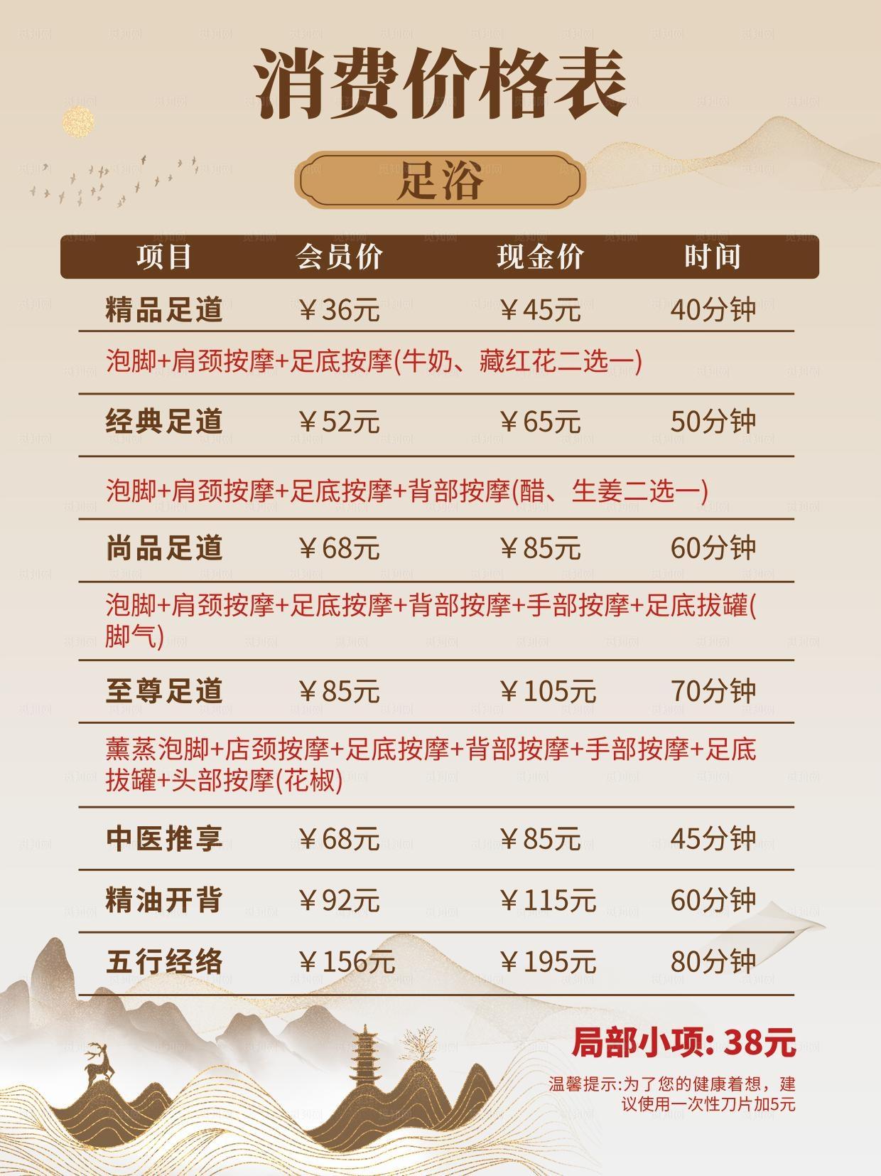 足浴价格表图片