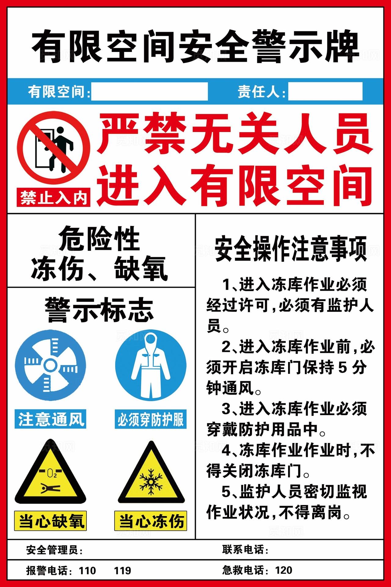 有限空间安全警示标识牌  冻库图片