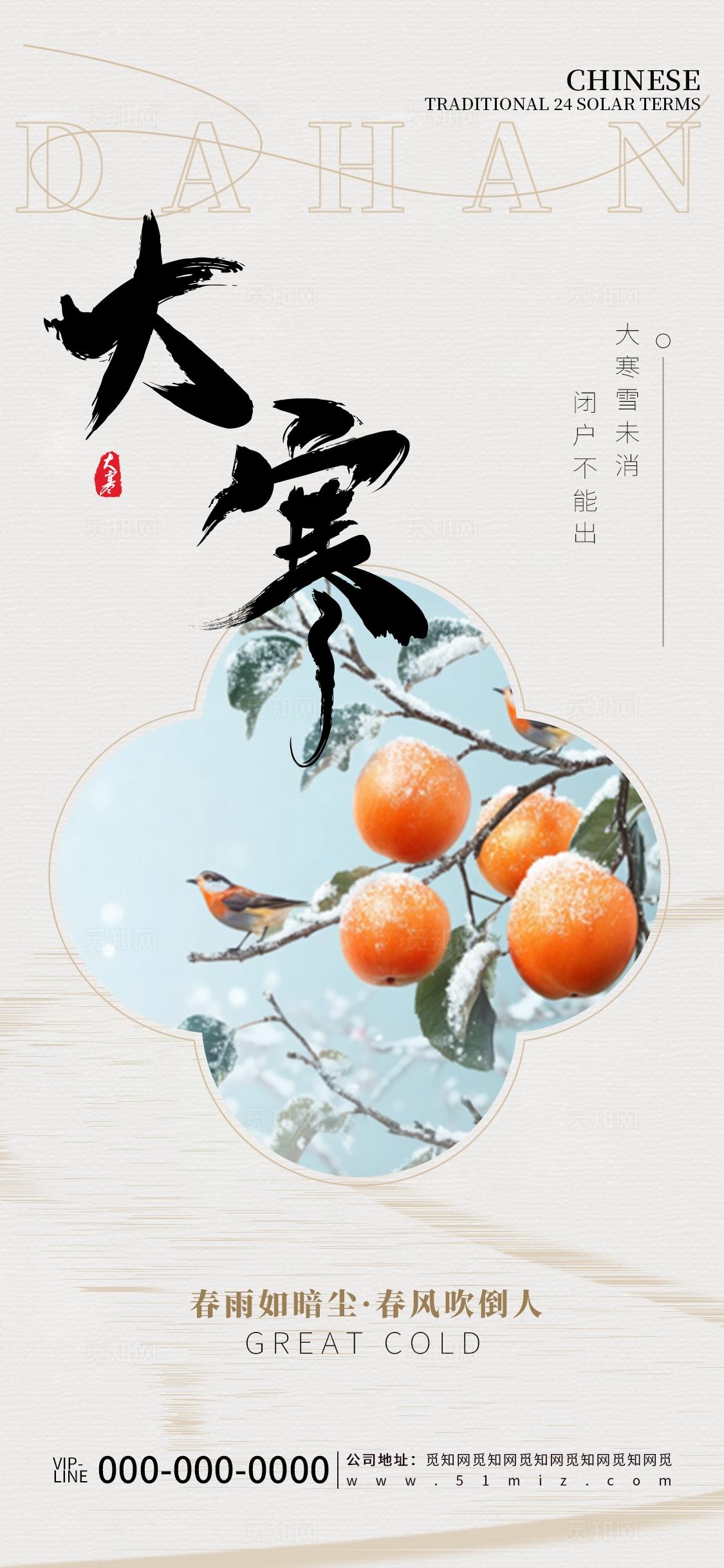 中式简约冬至小寒大寒节气节日活动营销宣传手机海报