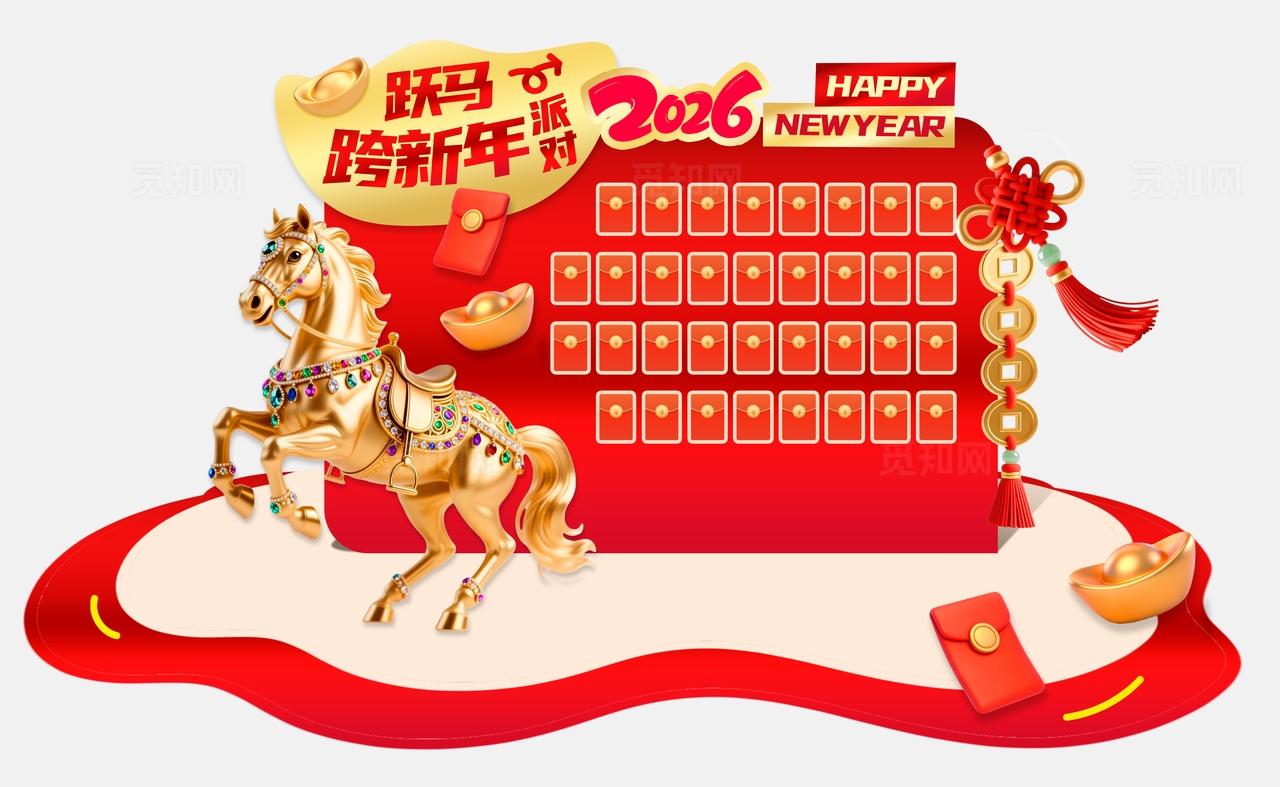 红金色大气3D潮流金马送福跨年活动年会红包墙游戏背景板美陈