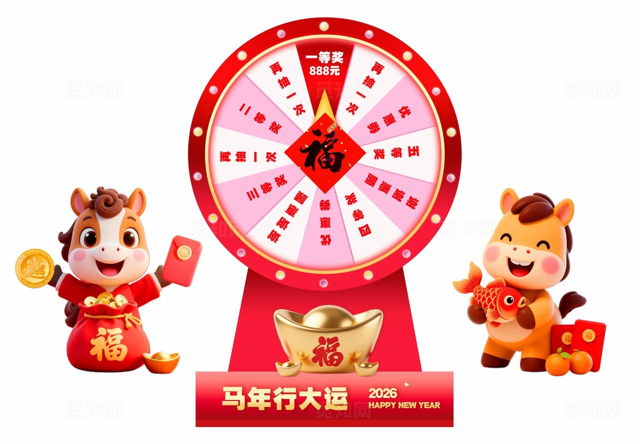 红金色3D潮流卡通2026马年春节新年元旦商超活动抽奖拍照框