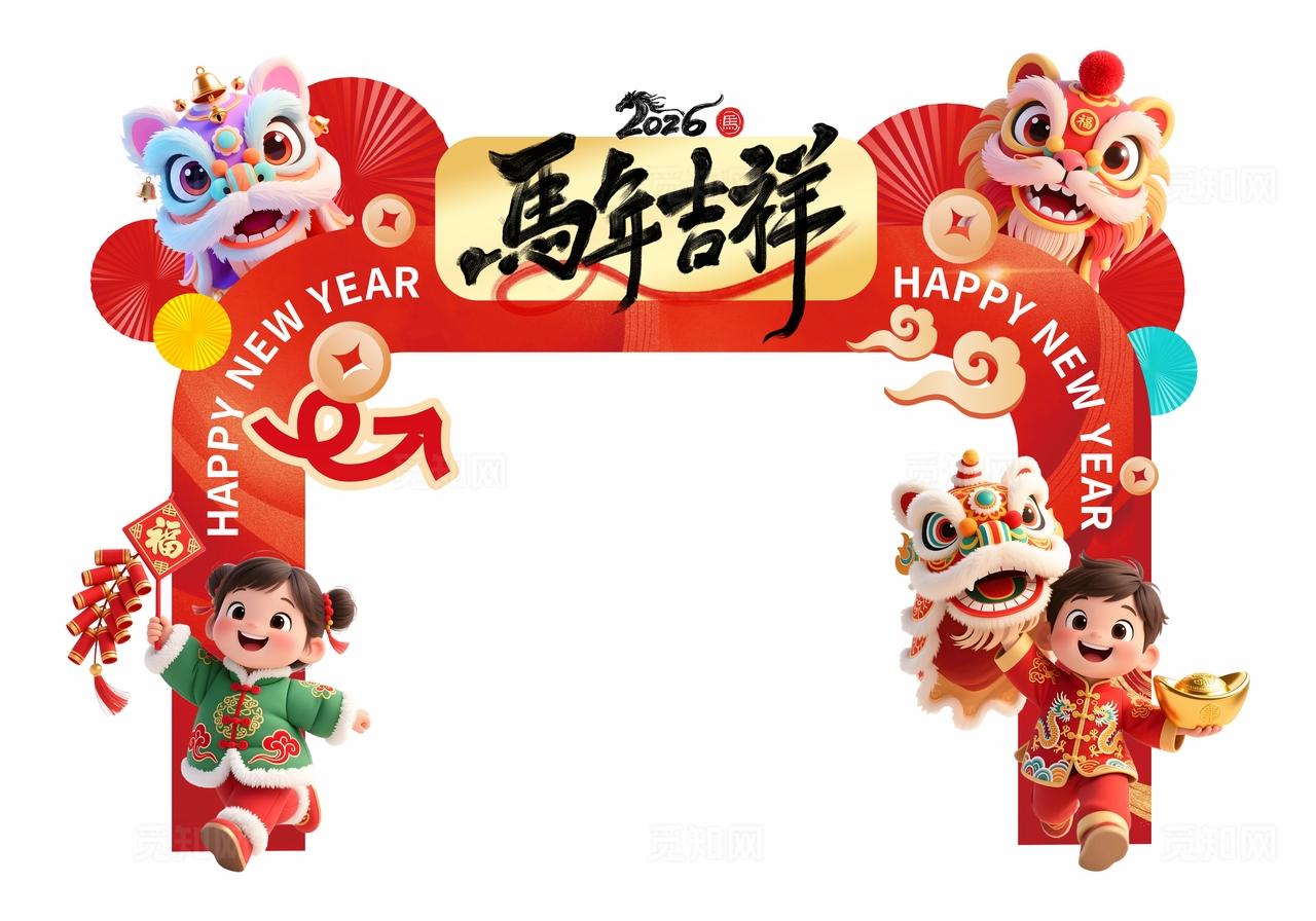 红金色3D潮流卡通2026马年春节新年元旦活动美陈门头