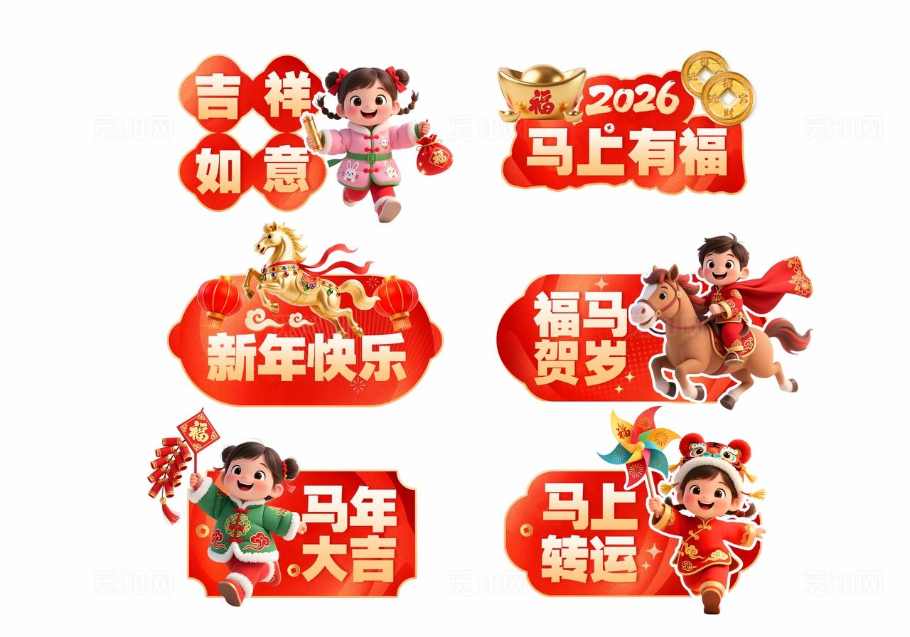 红金色3D潮流卡通2026马年春节新年元旦活动手举拍拍照