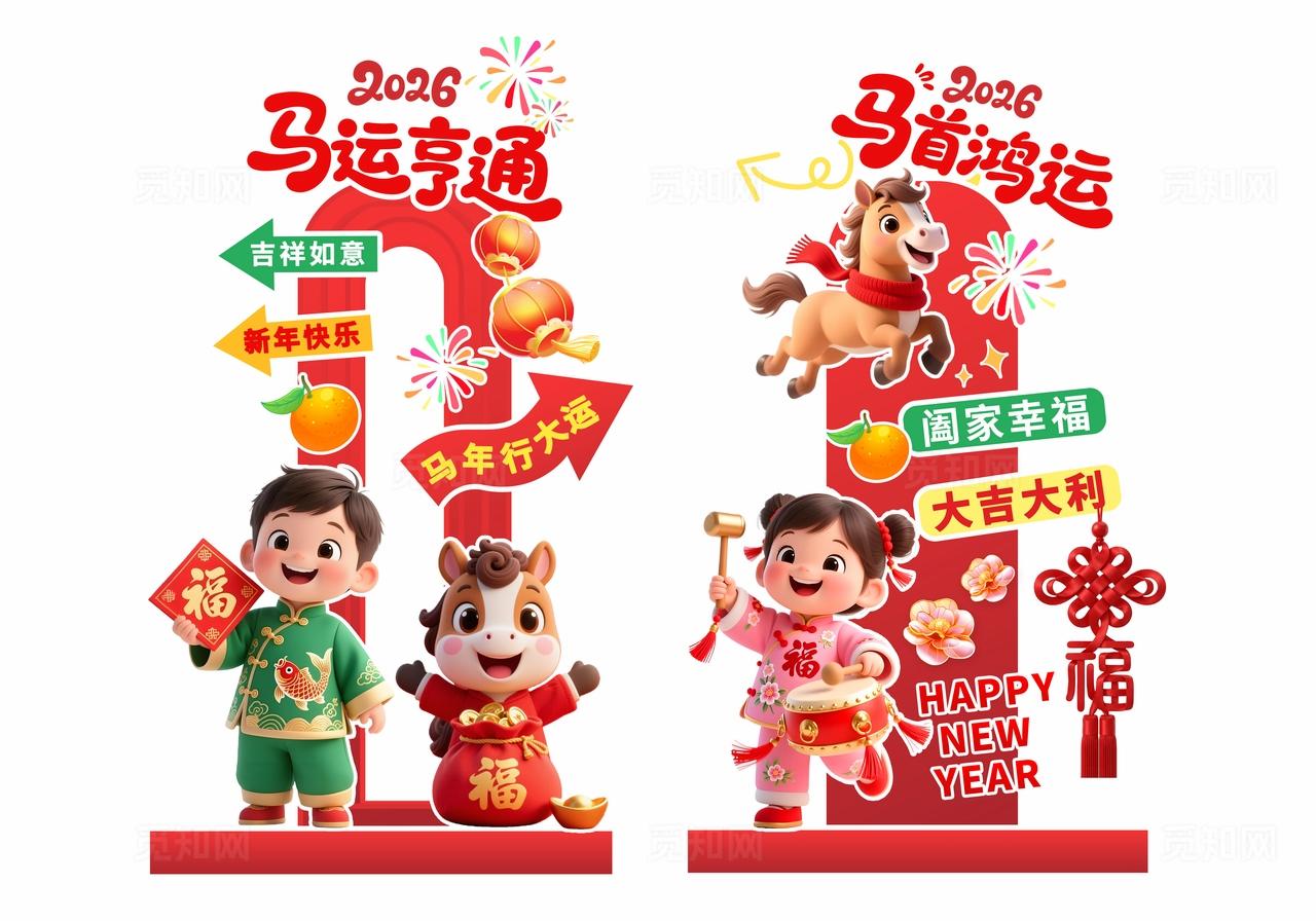 多巴胺3D潮流卡通2026马年春节新年活动指引牌美陈指示牌