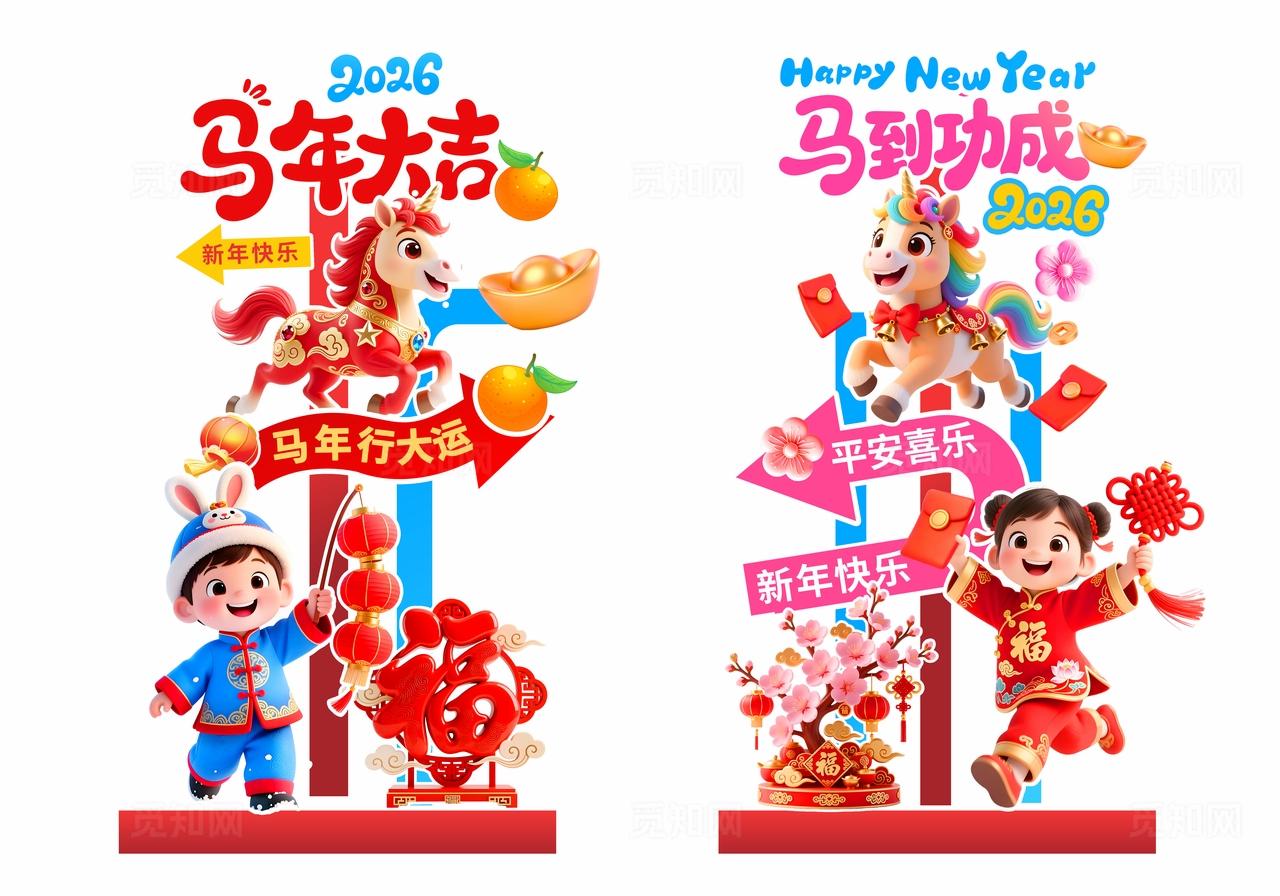 多巴胺3D潮流卡通2026马年春节新年元旦活动美陈拍照框