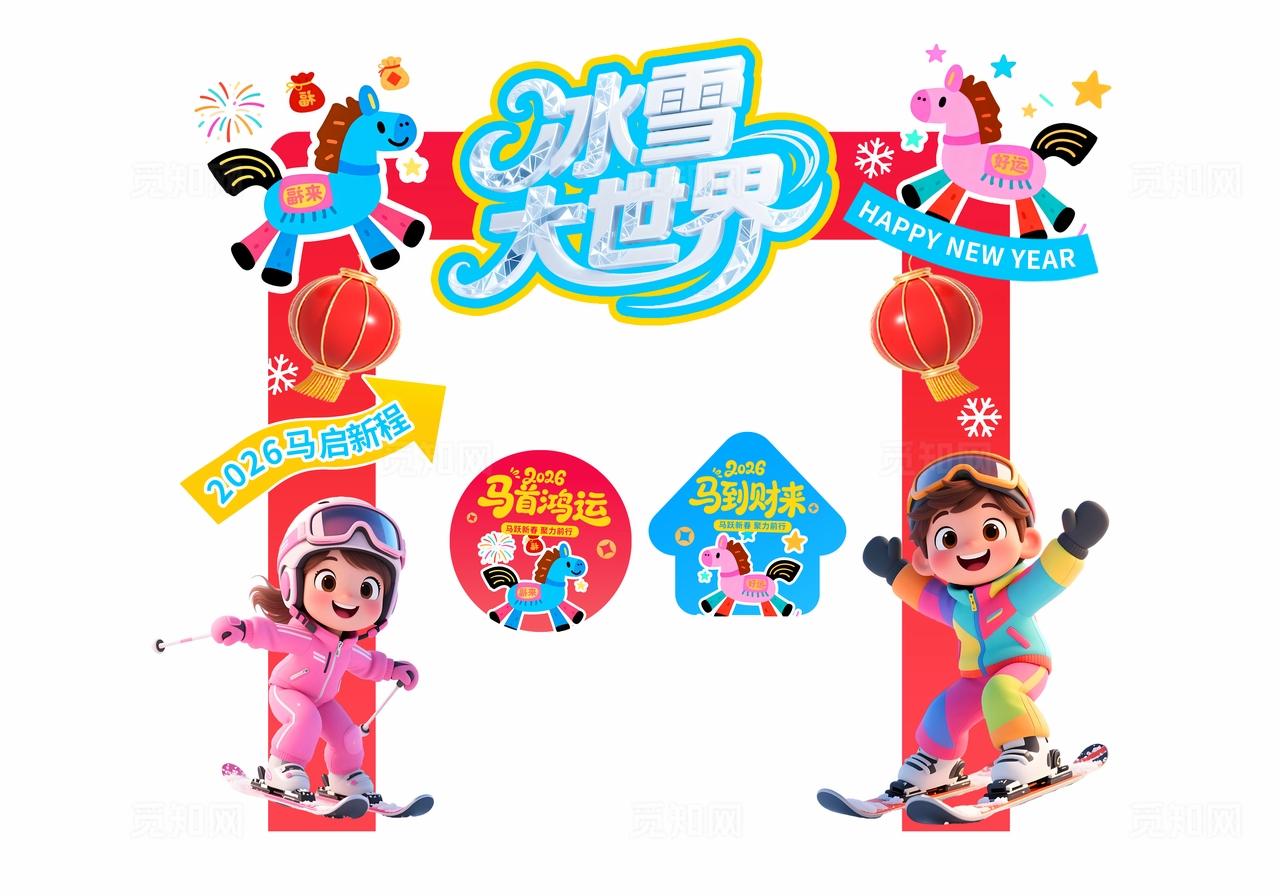 多巴胺3D潮流卡通2026马年春节新年商超活动美陈门头