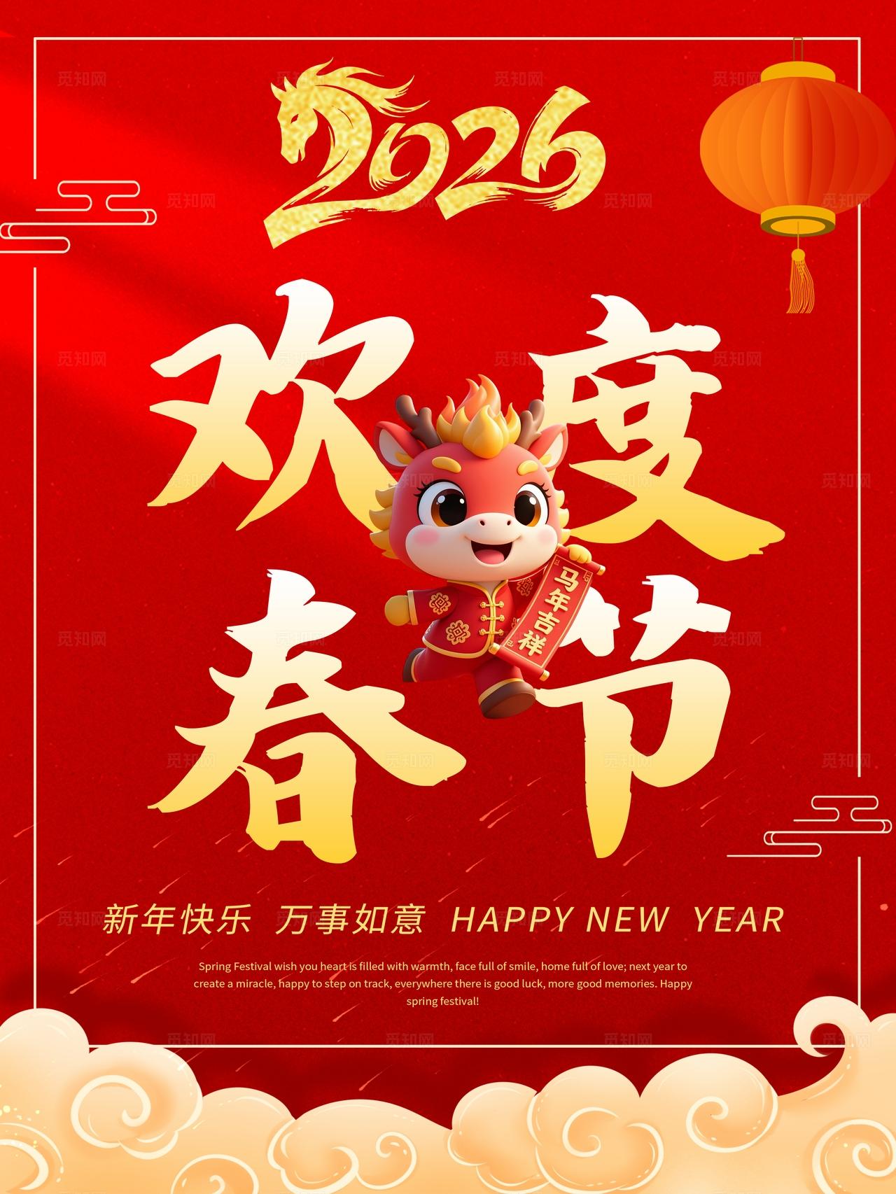 红色喜庆欢度春节海报