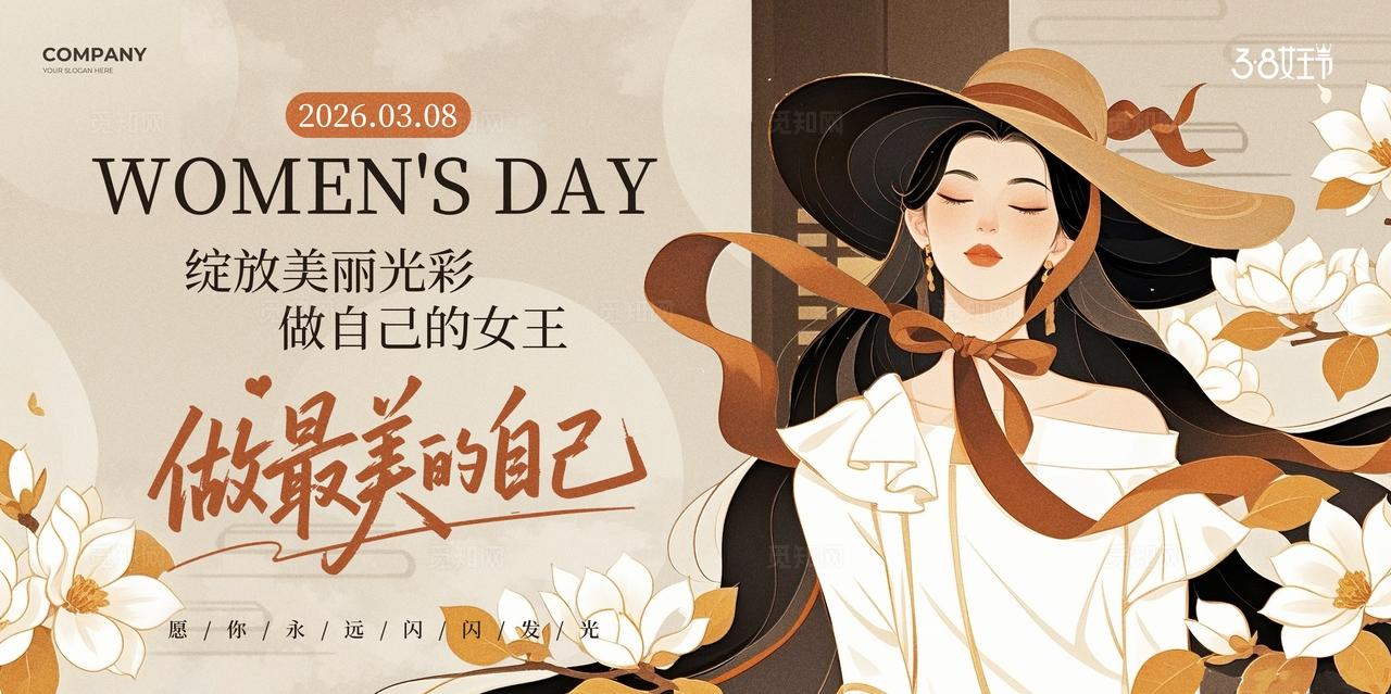 棕色新中式风2026三八38妇女节女神节宣传展板38妇女节