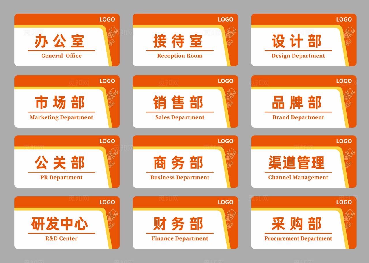 橙金轻奢风办公室门牌套装多部门功能区导视牌设计素材