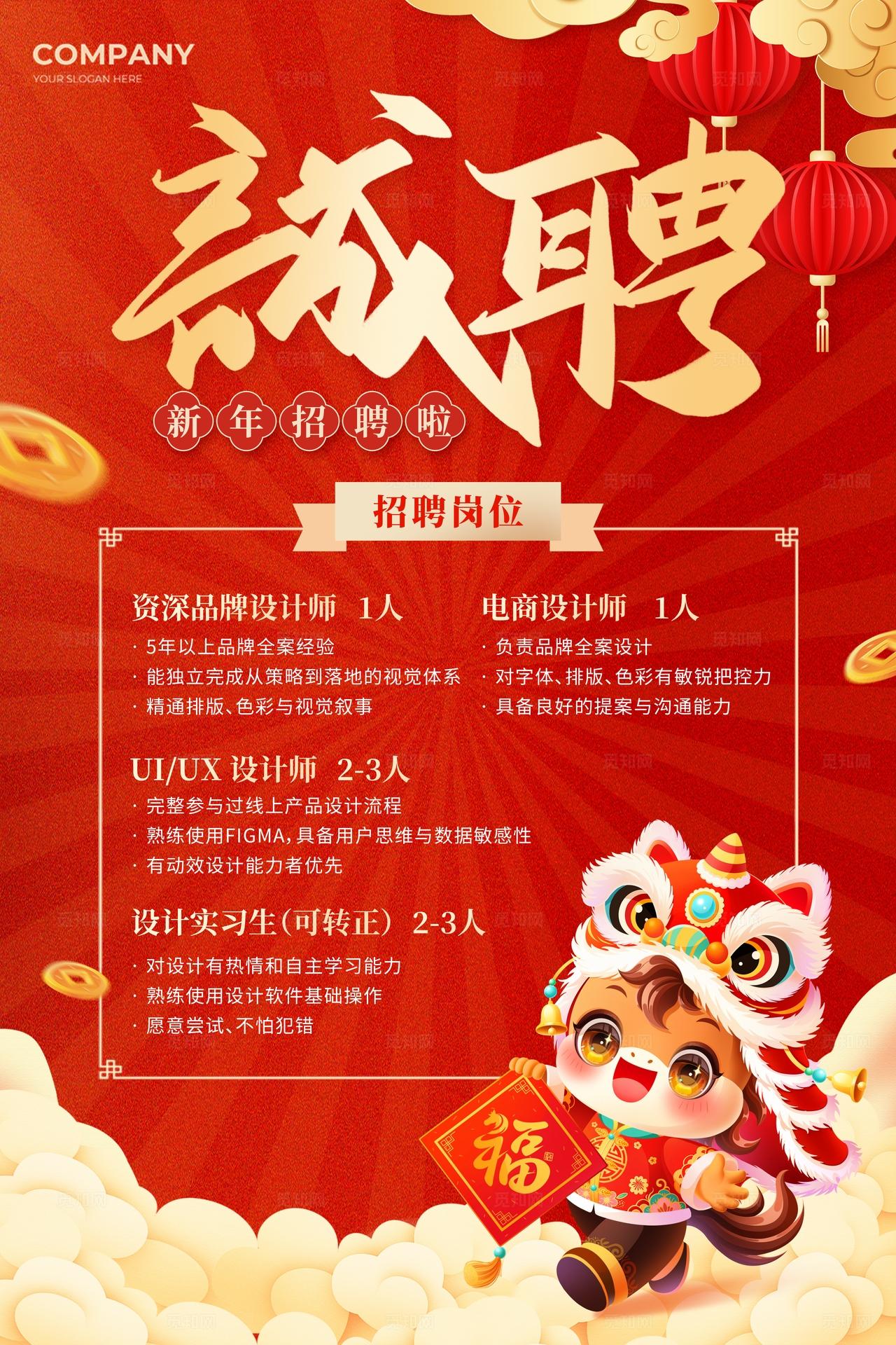 红色国潮2026新春新年马年诚聘招聘招募令招人海报