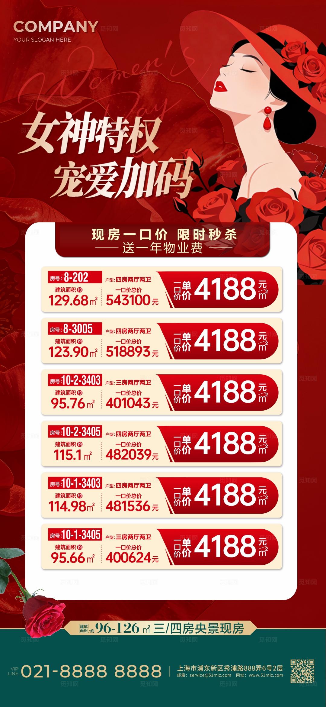 红色温馨女神特权宠爱加码三八女神节妇女节房地产促销手机海报 