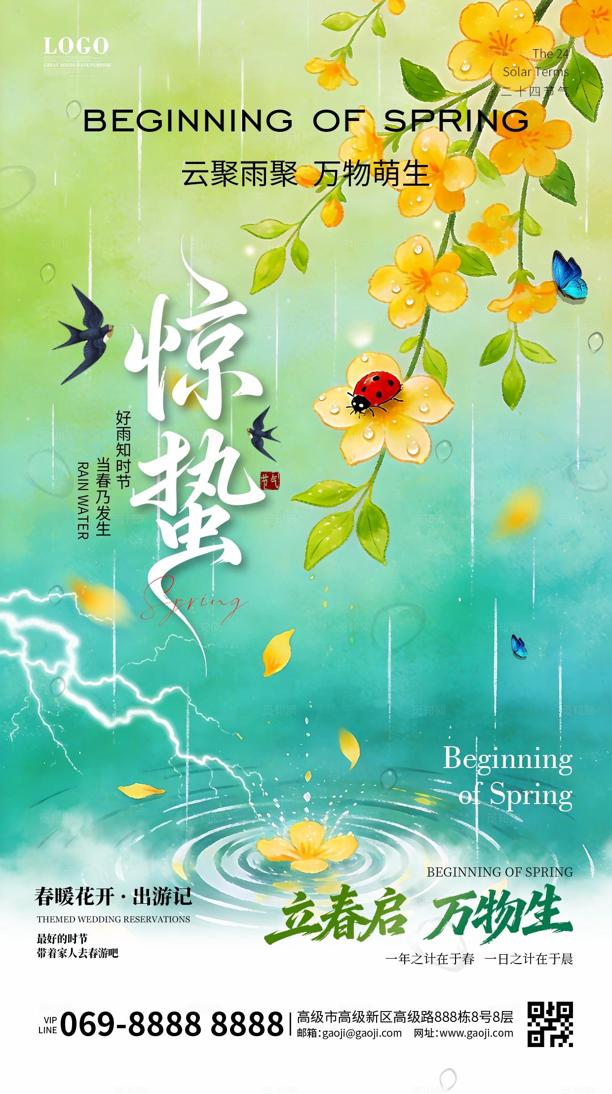 绿色简约清新唯美二十四节气惊蛰春天节气手机宣传海报