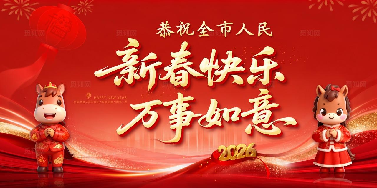 红色新春喜庆2026恭祝全市人民新春快乐万事如意新年祝福展板