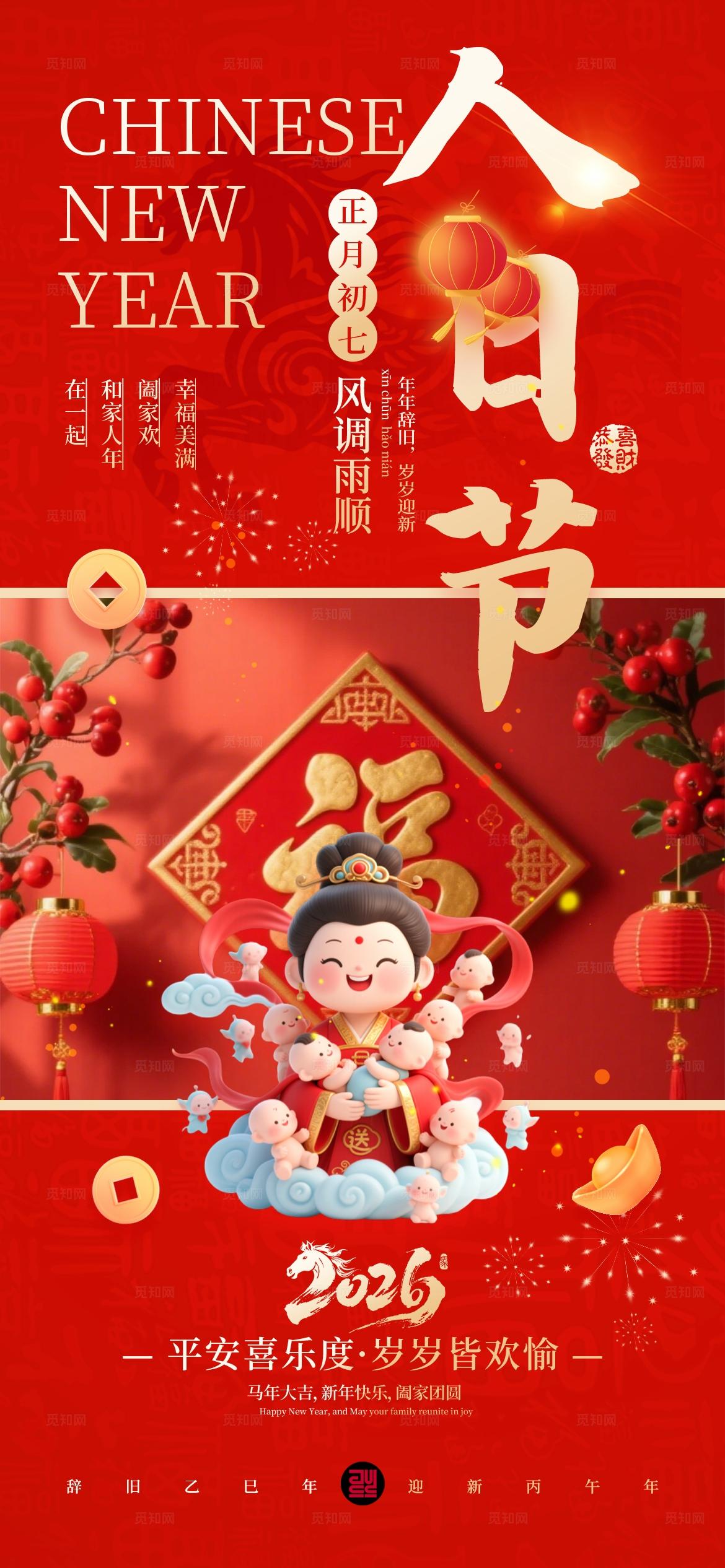 红色3D2026马年新年春节习俗套图手机海报 