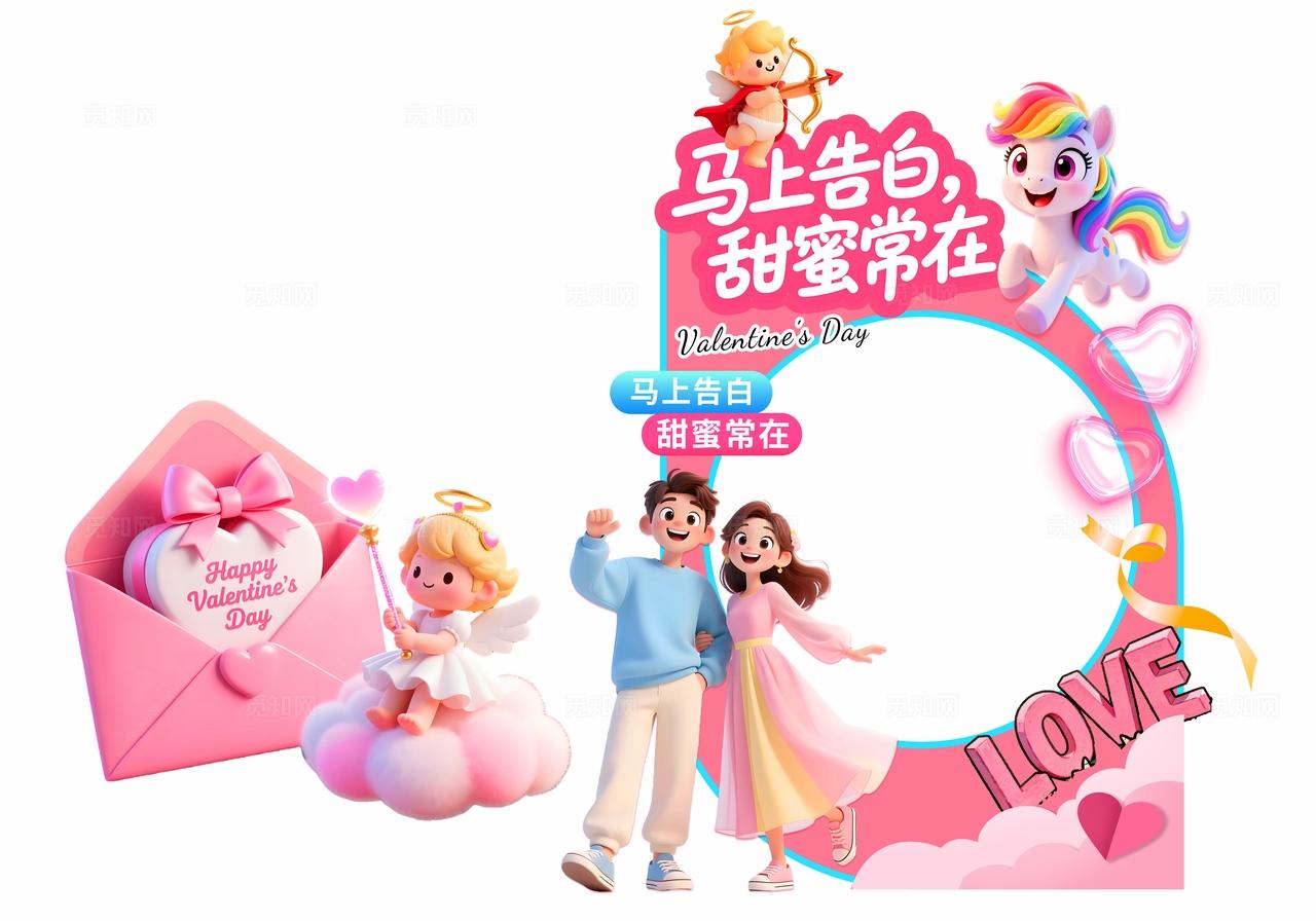 粉色多巴胺3D潮流卡通情人节拍照框美陈