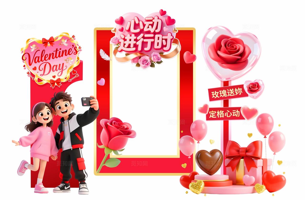 粉色创意多巴胺3D潮流卡通情人节拍照框美陈门头