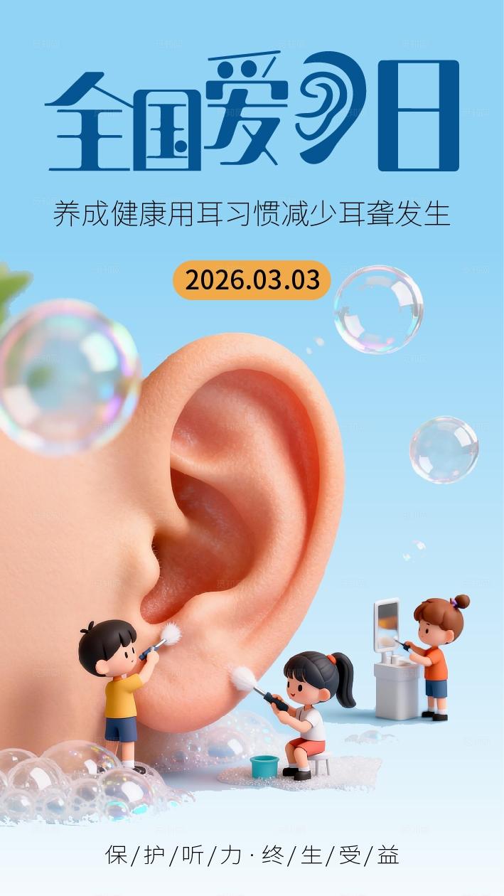 蓝色卡通2026全国爱耳日海报