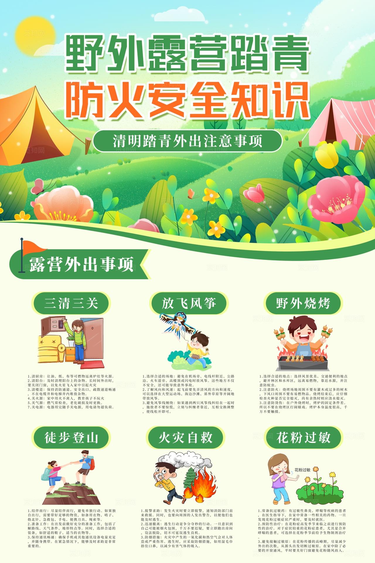绿色手绘卡通清明节露营踏青防火安全知识海报清明节安全教育