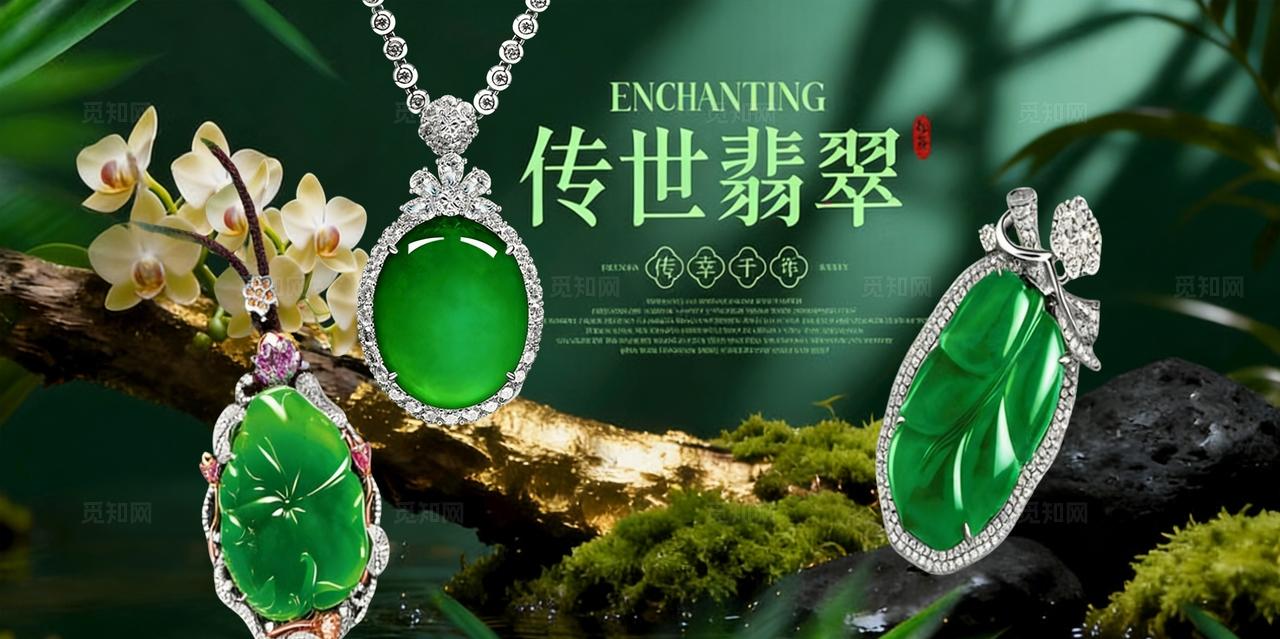 绿色大气创意翡翠玉石项链珠宝首饰宣传促销展板