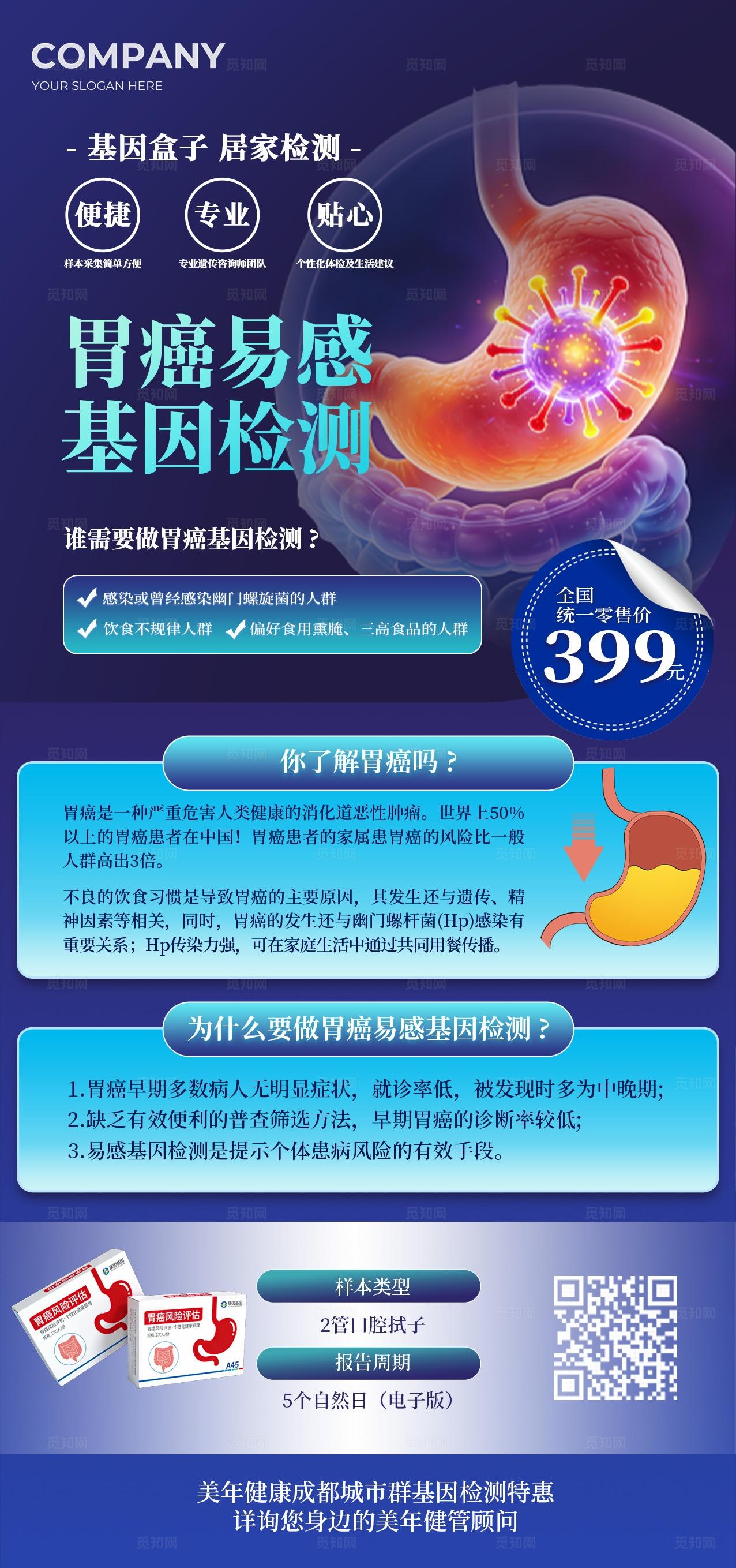 蓝色大气胃癌易感基因检测体检大健康手机海报宣传
